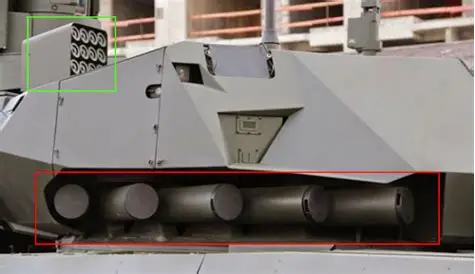 Side close-up of a T-14 turret with launchers boxed