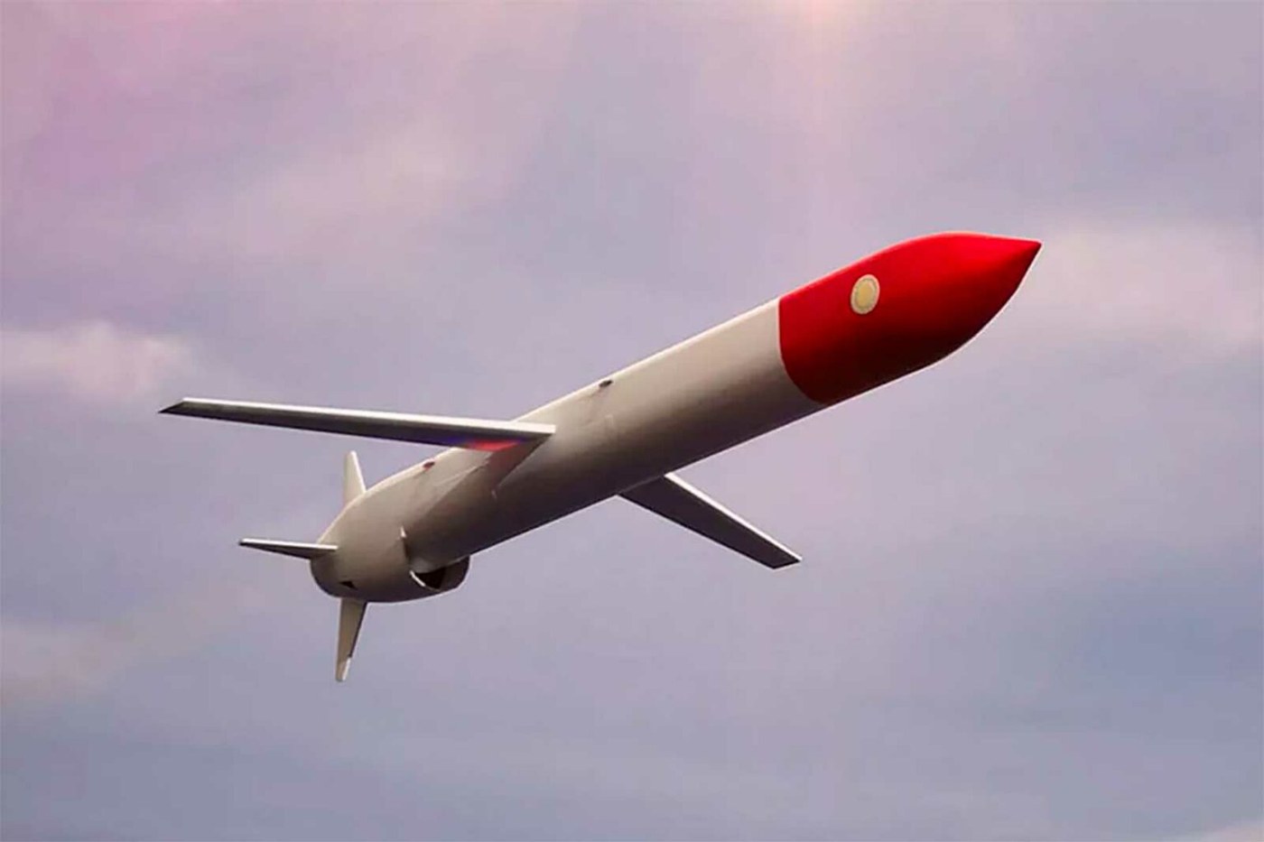 White airframe with a red nose cone in flight against a cloudy sky; a render or video frame of unconfirmed origin, not a verified test photograph