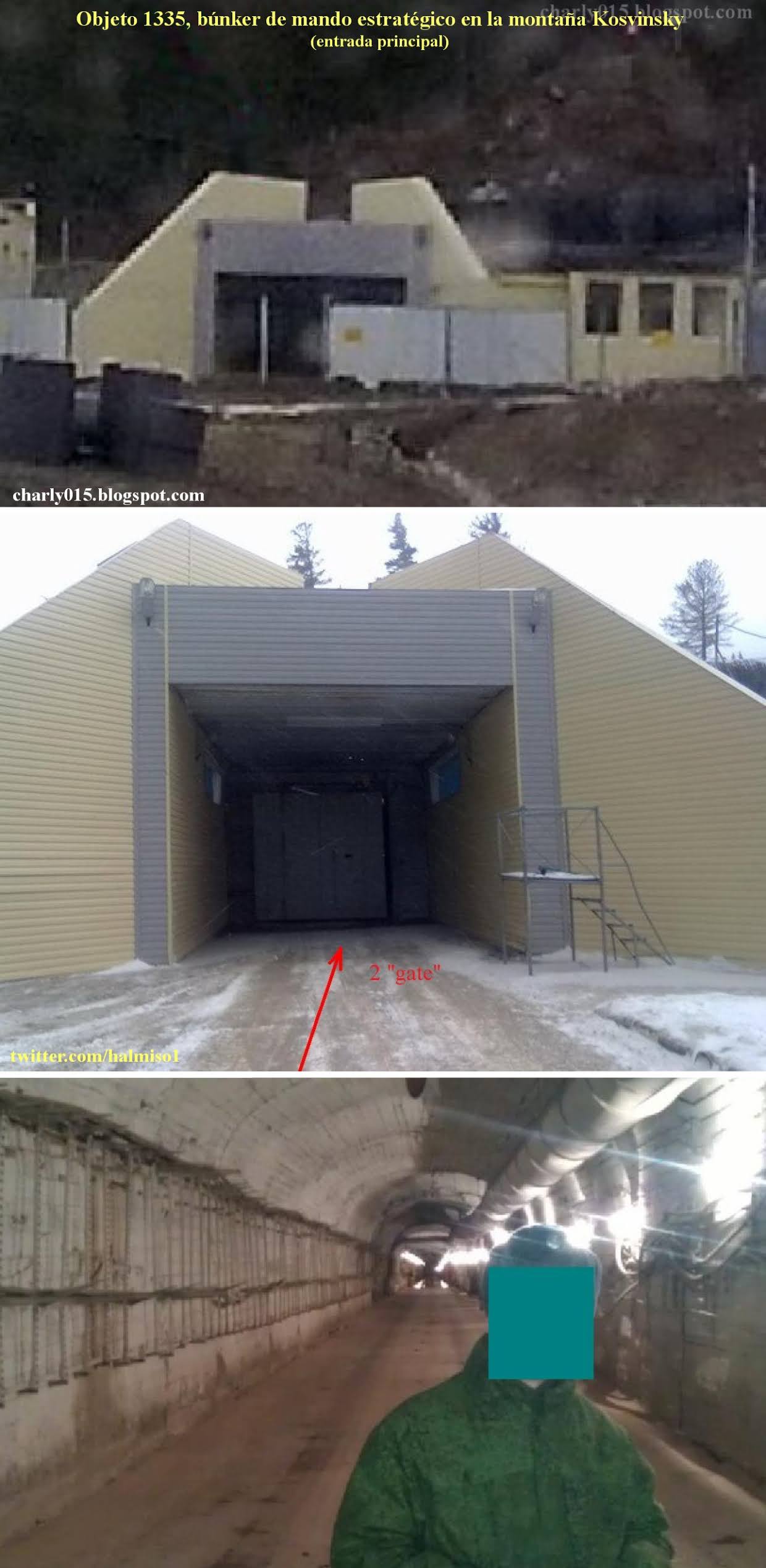 Three-panel composite from charly015 and @halmiso1: a portal-style building, a large doorway with an arrow labelled gate, and a person with a blurred face in a lit tunnel, unverified