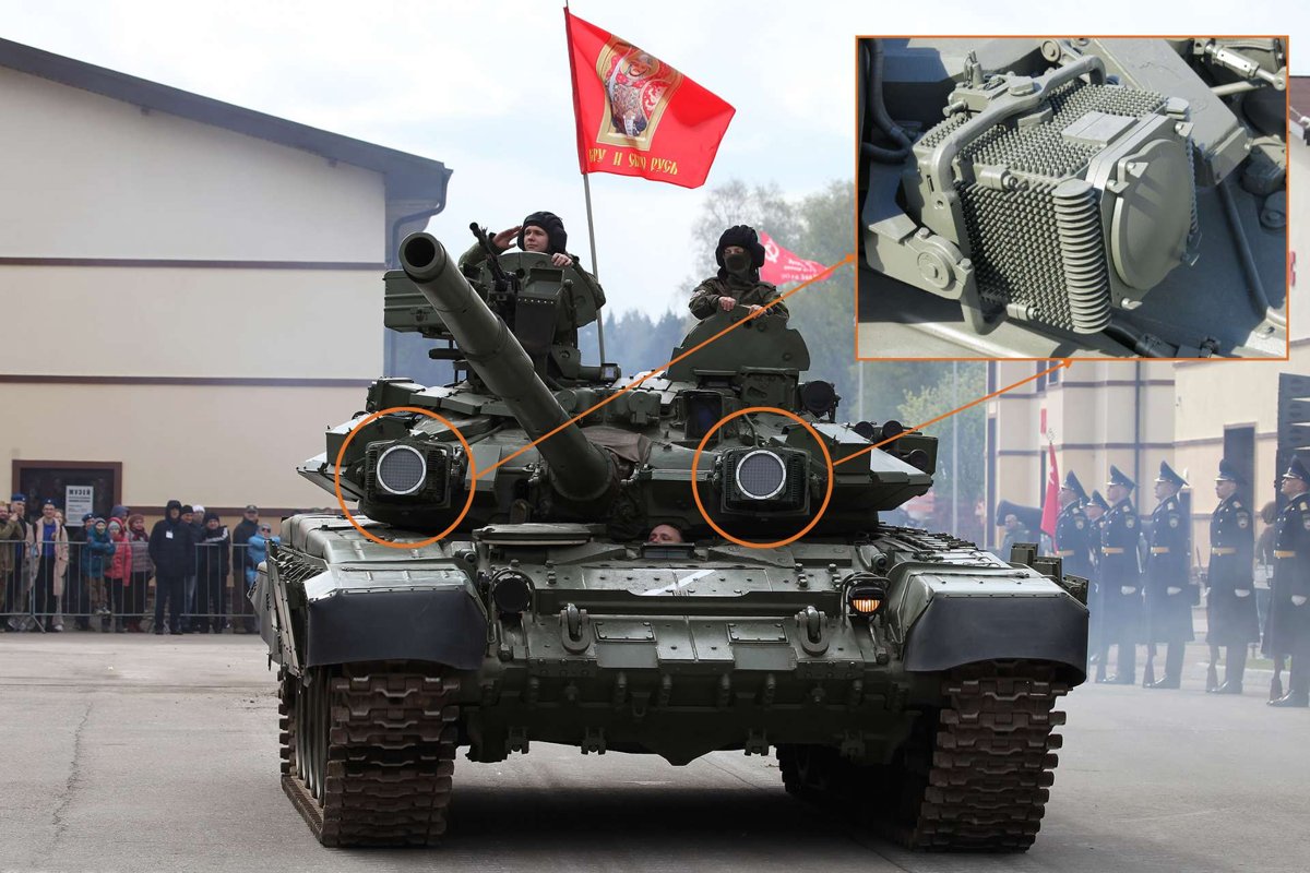 T-90 at a parade with its dazzlers marked