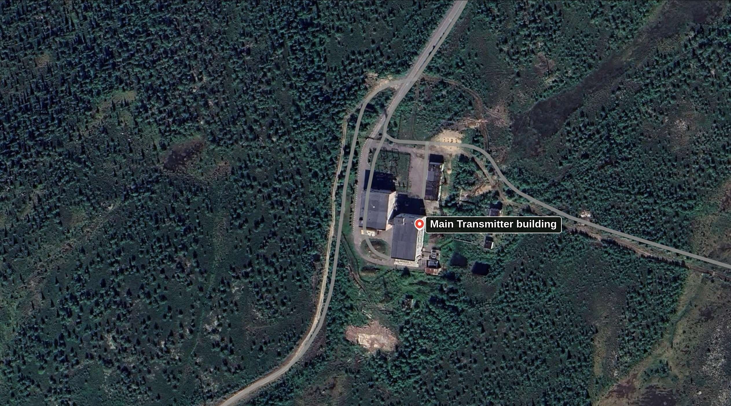 Satellite view of the ZEVS southern main transmitter building and outdoor transformer yard